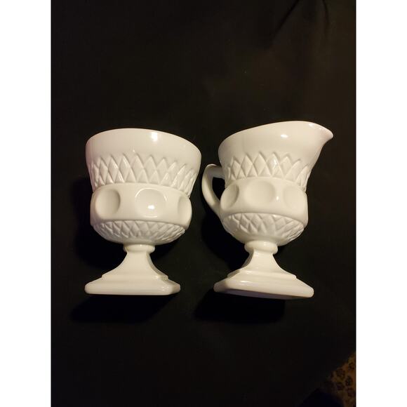 2 Pc Vintage Colony Milk Glass Open Sugar n Creamer Set in Lacette - Picture 14 of 16